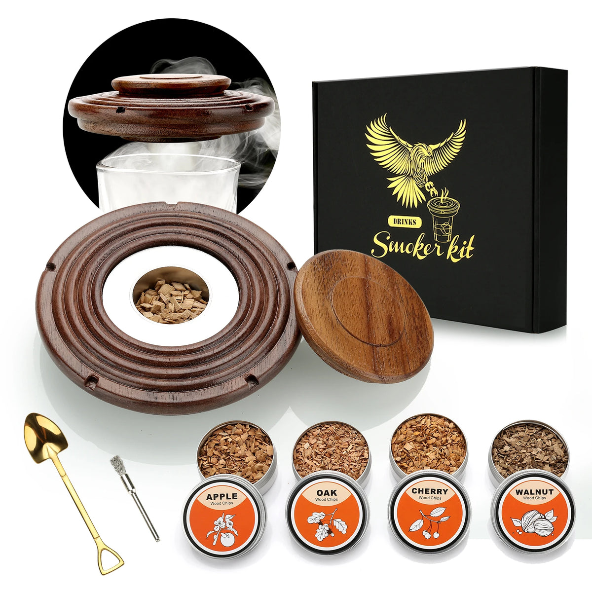 Walnut EmberSip smoker and included accessories
